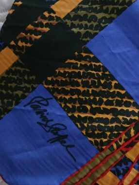 Signed Vintage Colorblock Silk Scarf in Cobalt Blue, Mustard & Black